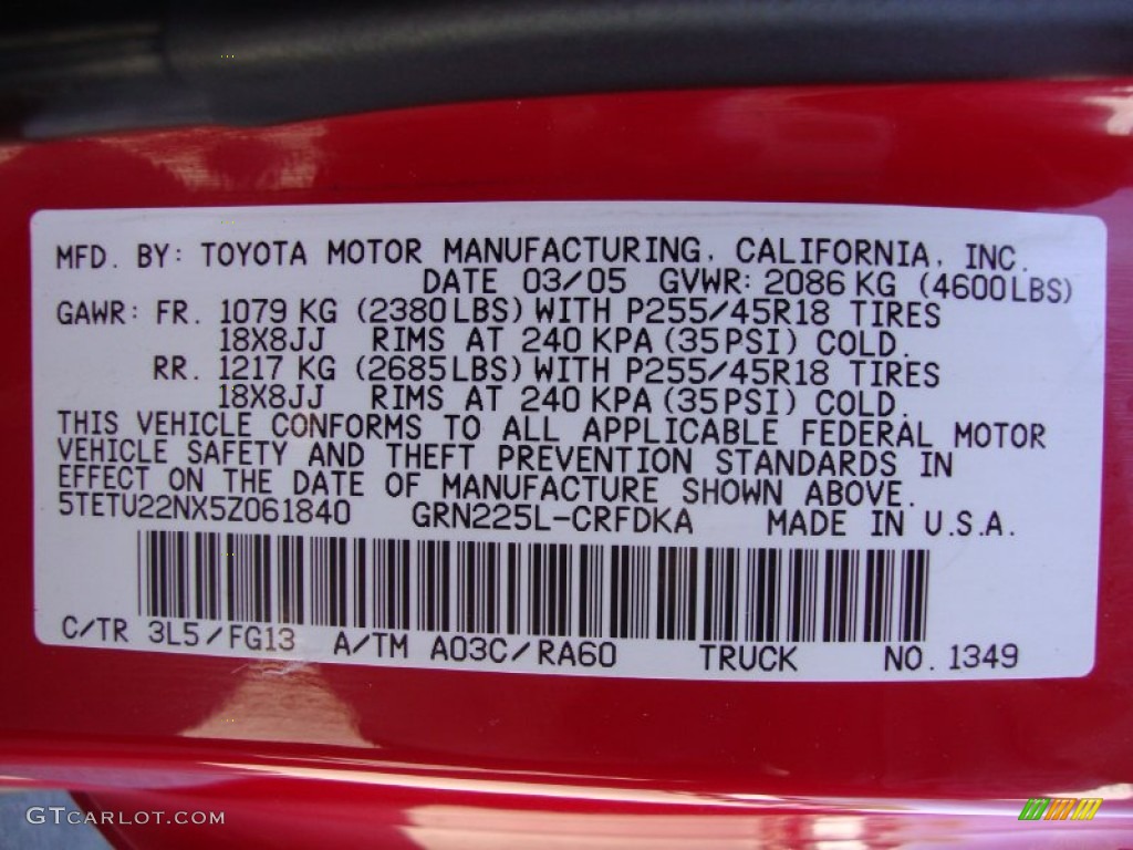 2005 Tacoma Color Code 3L5 for Radiant Red Photo #69413638