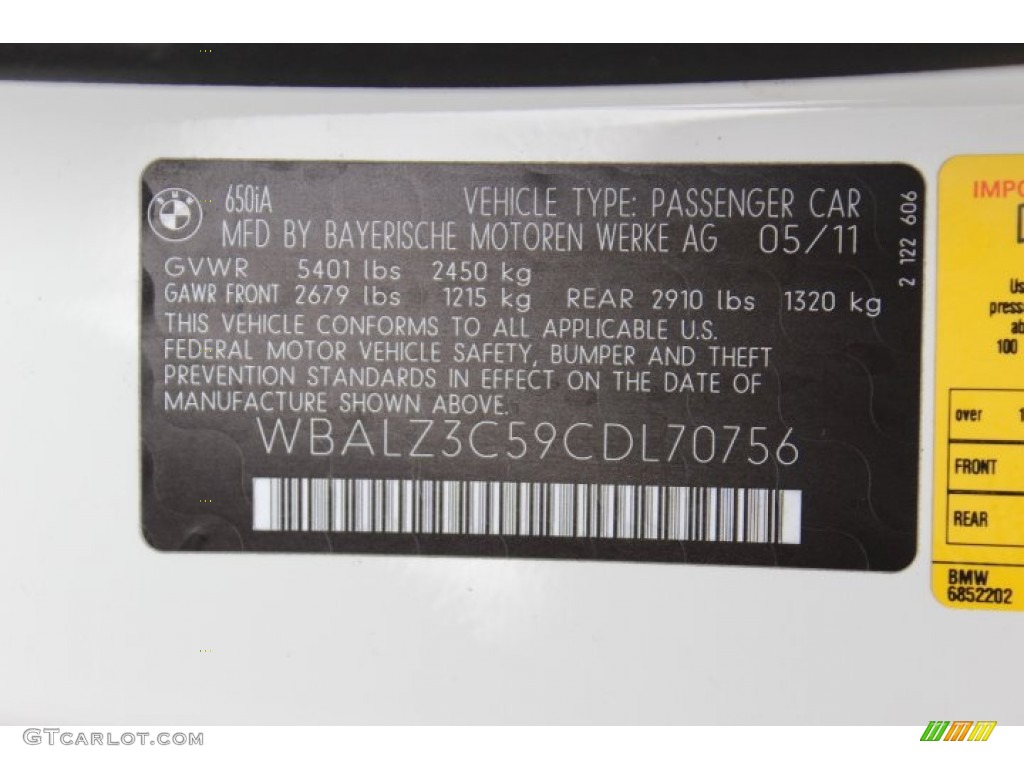 2012 BMW 6 Series 650i Convertible Info Tag Photo #69420127