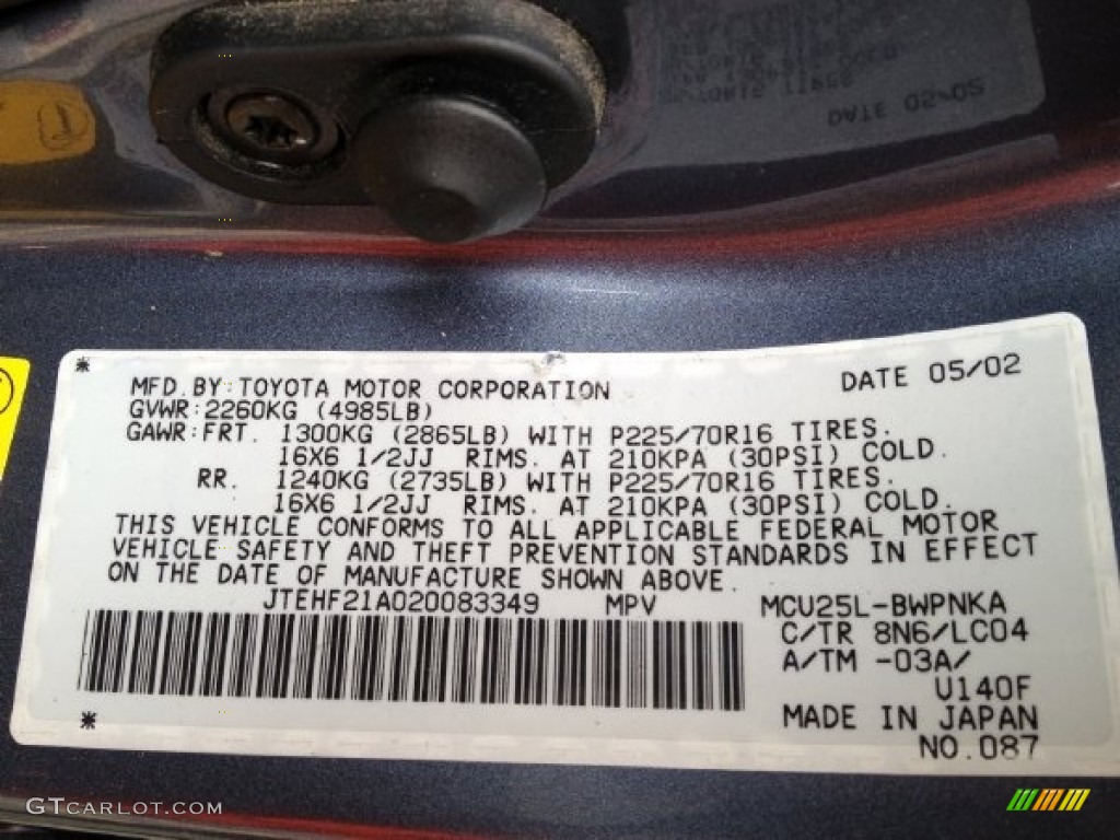 2002 Highlander Color Code 8N6 for Bluestone Metallic Photo #69433315