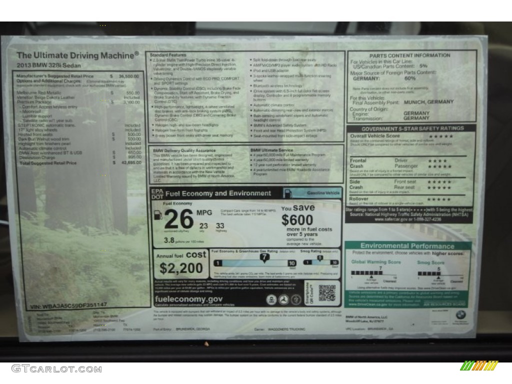 2013 BMW 3 Series 328i Sedan Window Sticker Photo #69434047