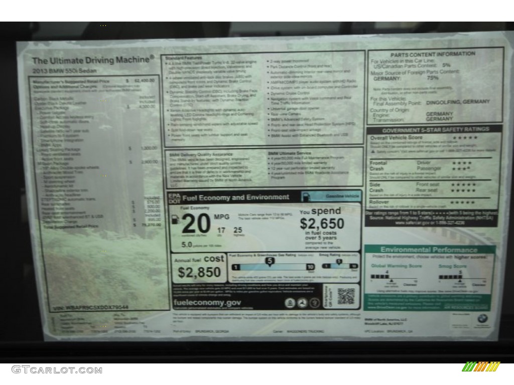 2013 BMW 5 Series 550i Sedan Window Sticker Photo #69434497