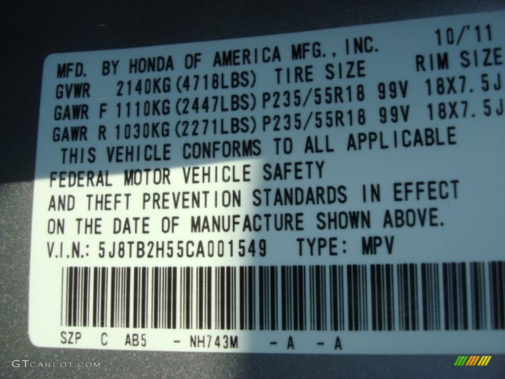 2012 RDX Color Code NH743M for Palladium Metallic Photo #69435352