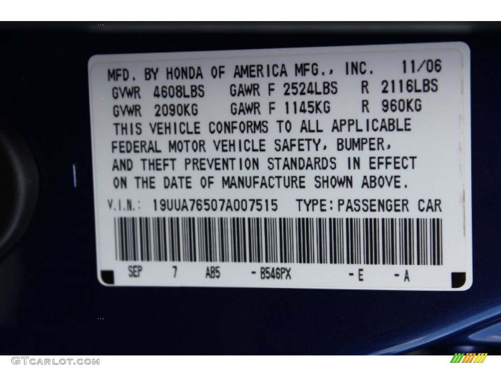 2007 Acura TL 3.5 Type-S Color Code Photos