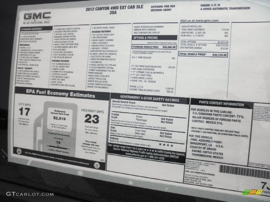2012 GMC Canyon SLE Extended Cab 4x4 Window Sticker Photos