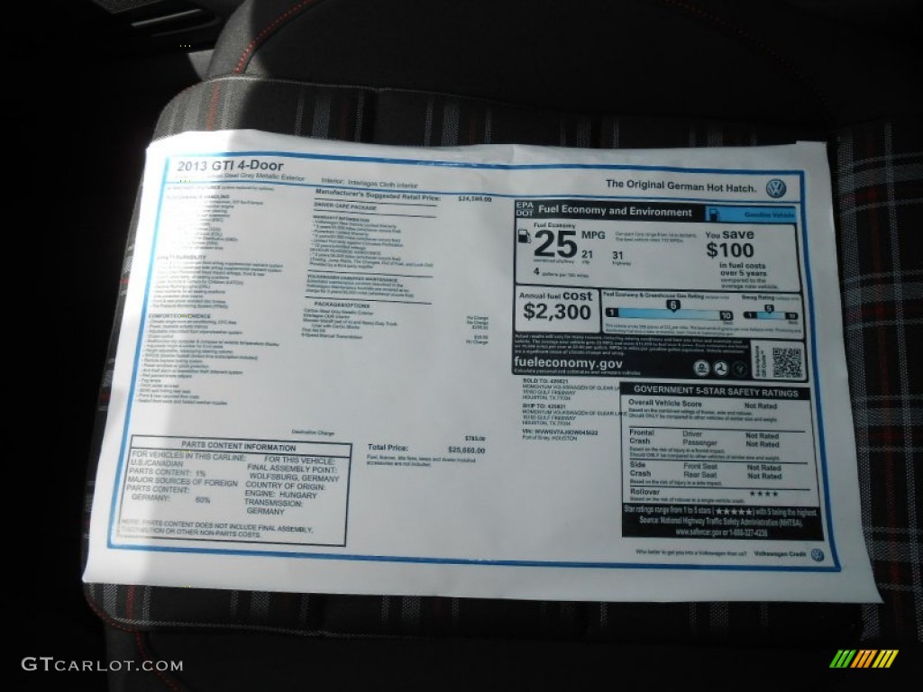 2013 Volkswagen GTI 4 Door Window Sticker Photo #69491263