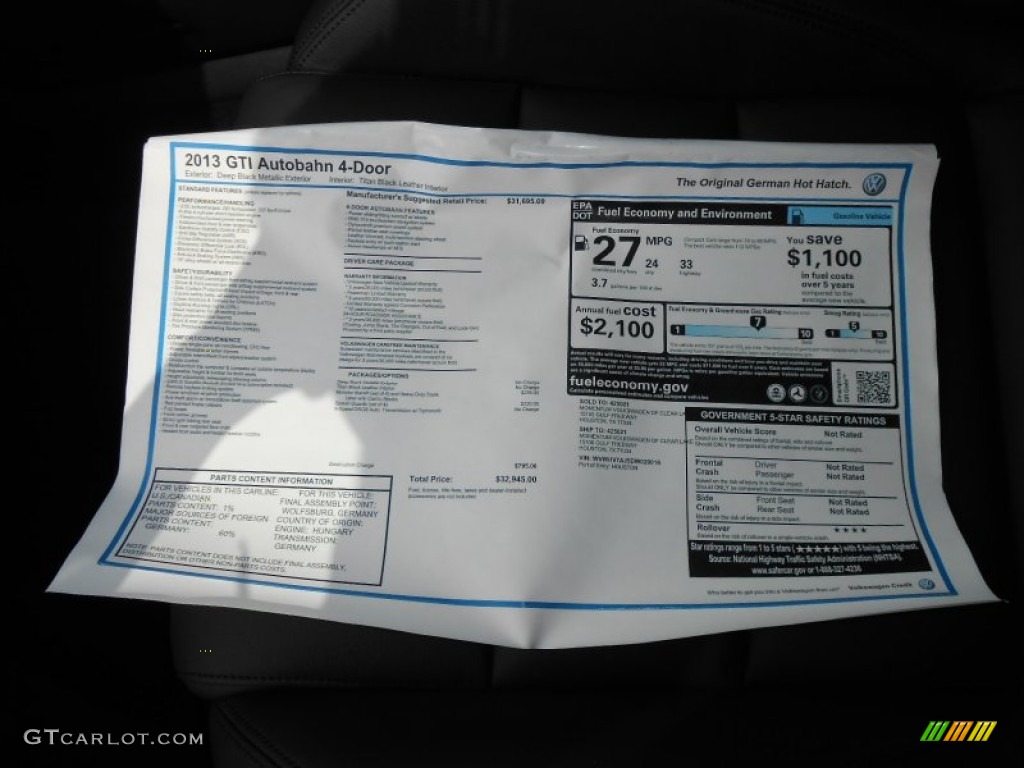 2013 Volkswagen GTI 4 Door Autobahn Edition Window Sticker Photo #69491698