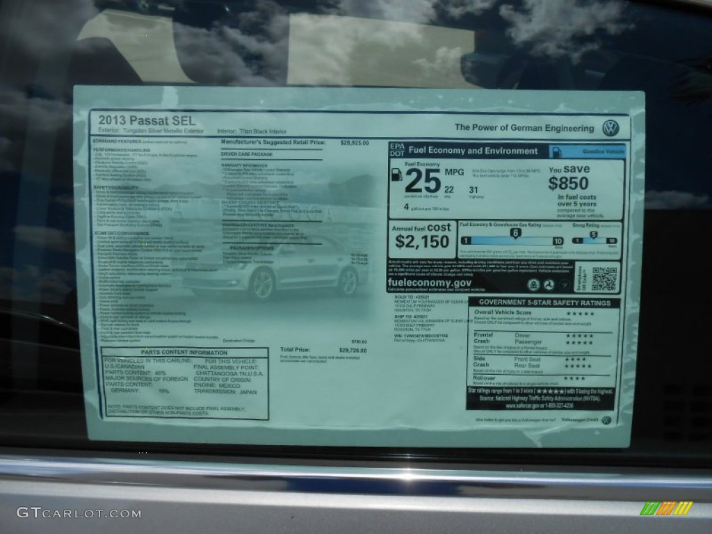 2013 Volkswagen Passat 2.5L SEL Window Sticker Photo #69494053