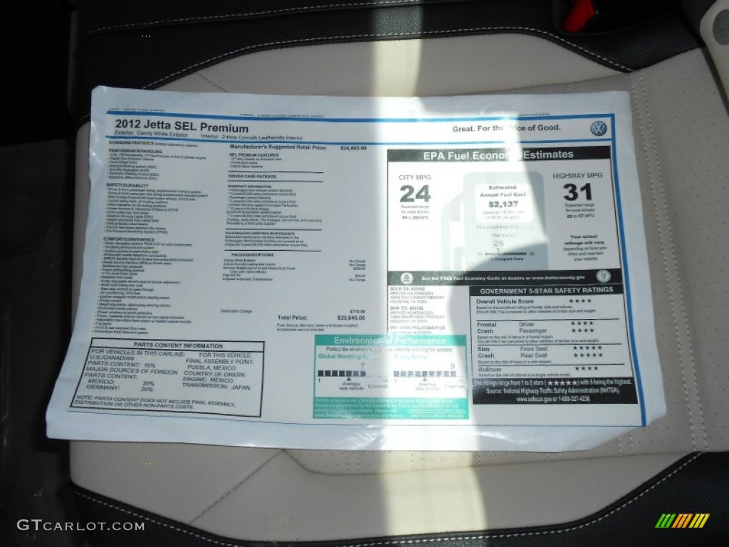 2012 Volkswagen Jetta SEL Sedan Window Sticker Photo #69494917