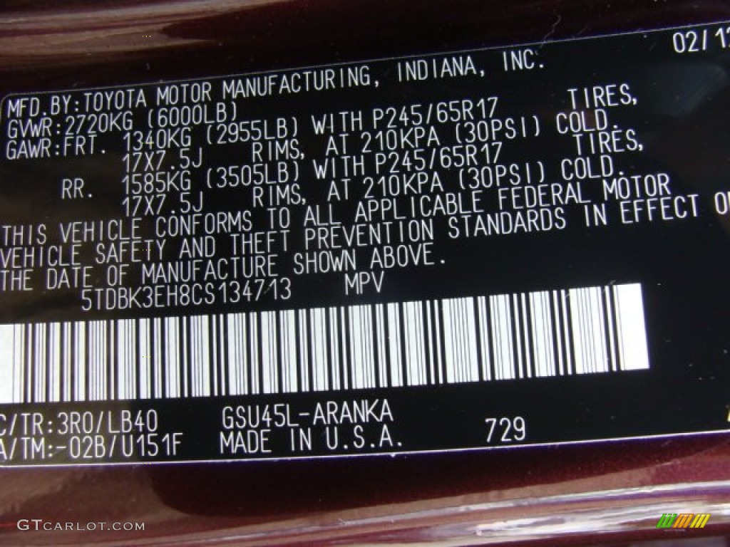 2012 Highlander Color Code 3R0 for Sizzling Crimson Mica Photo #69510064
