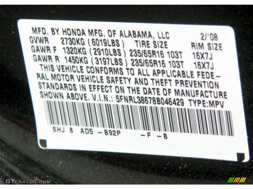2008 Odyssey Color Code B92P for Nighthawk Black Pearl Photo #69538023