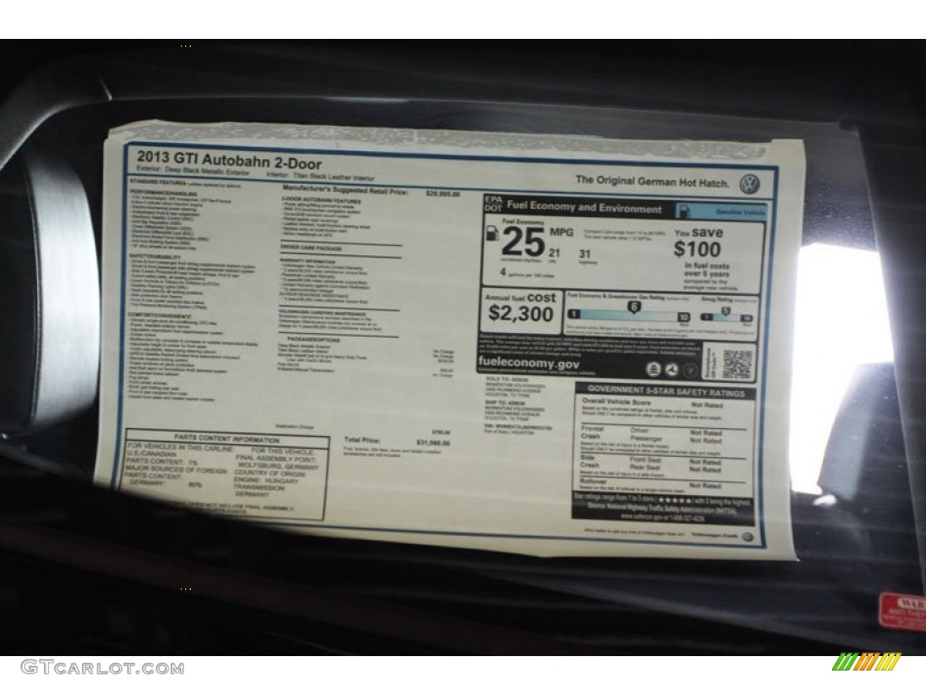 2013 Volkswagen GTI 2 Door Autobahn Edition Window Sticker Photo #69540793