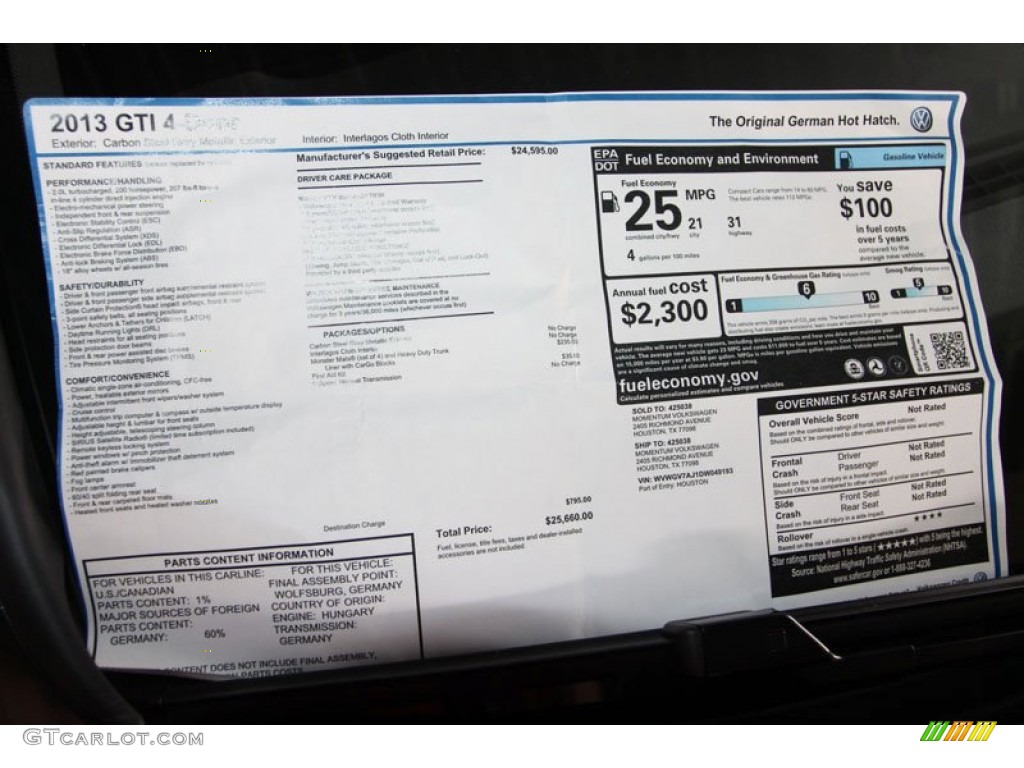 2013 Volkswagen GTI 4 Door Window Sticker Photo #69541032