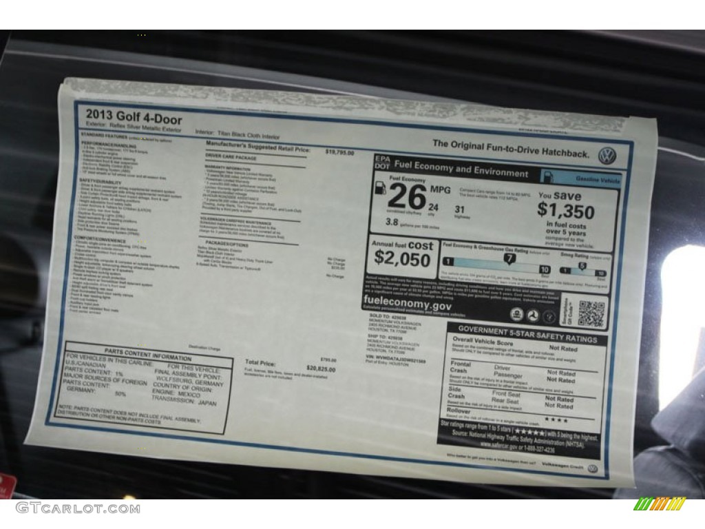 2013 Volkswagen Golf 4 Door Window Sticker Photo #69541255