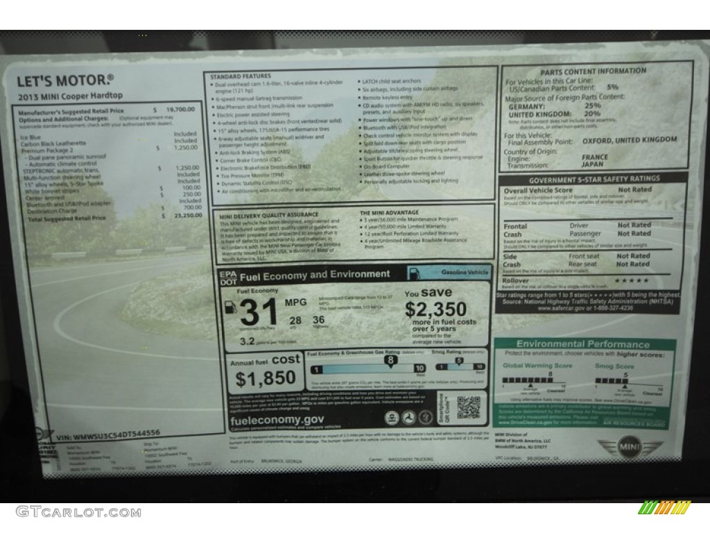2013 Mini Cooper Hardtop Window Sticker Photo #69552507