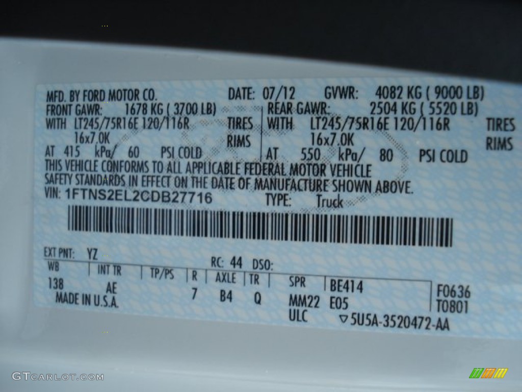 2012 E Series Van Color Code YZ for Oxford White Photo #69553020