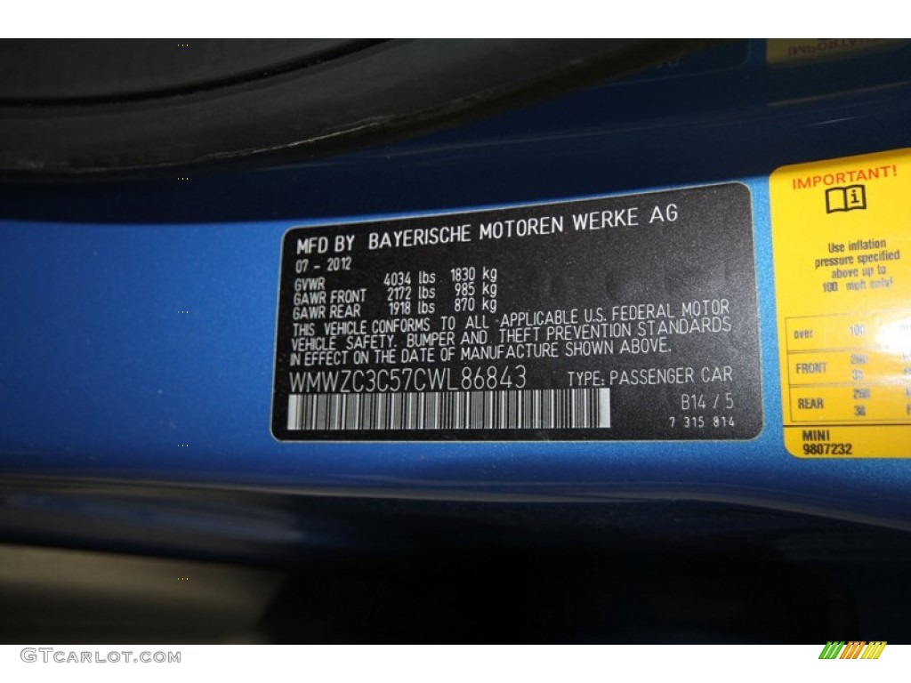 2012 Cooper Color Code B14 for True Blue Metallic Photo #69554532