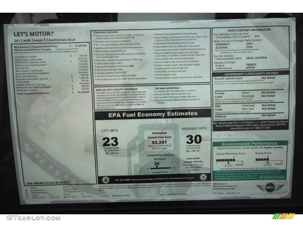 2012 Mini Cooper S Countryman All4 AWD Window Sticker Photo #69555114