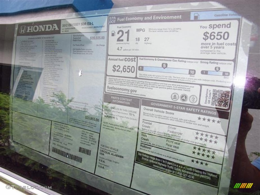 2012 Honda Odyssey EX-L Window Sticker Photos