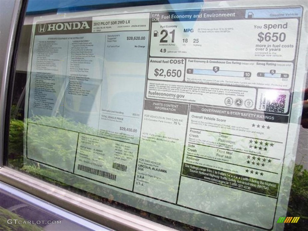 2012 Honda Pilot LX Window Sticker Photo #69561471