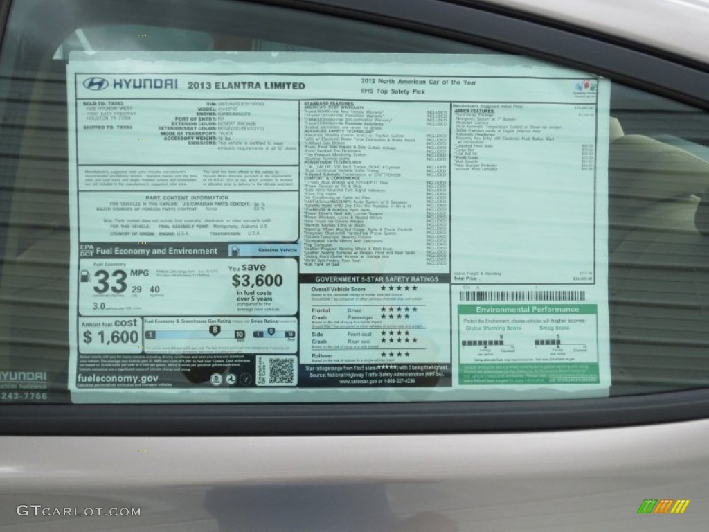 2013 Hyundai Elantra Limited Window Sticker Photo #69580074
