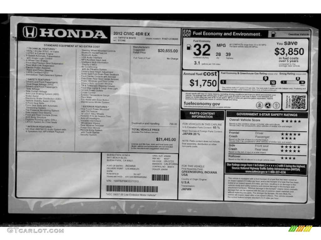 2012 Civic EX Sedan - Taffeta White / Stone photo #19