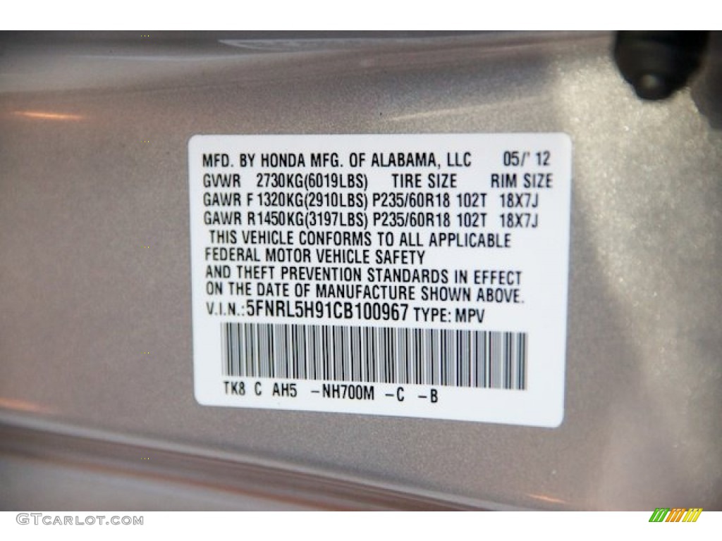 2012 Odyssey Color Code NH700M for Alabaster Silver Metallic Photo #69615424