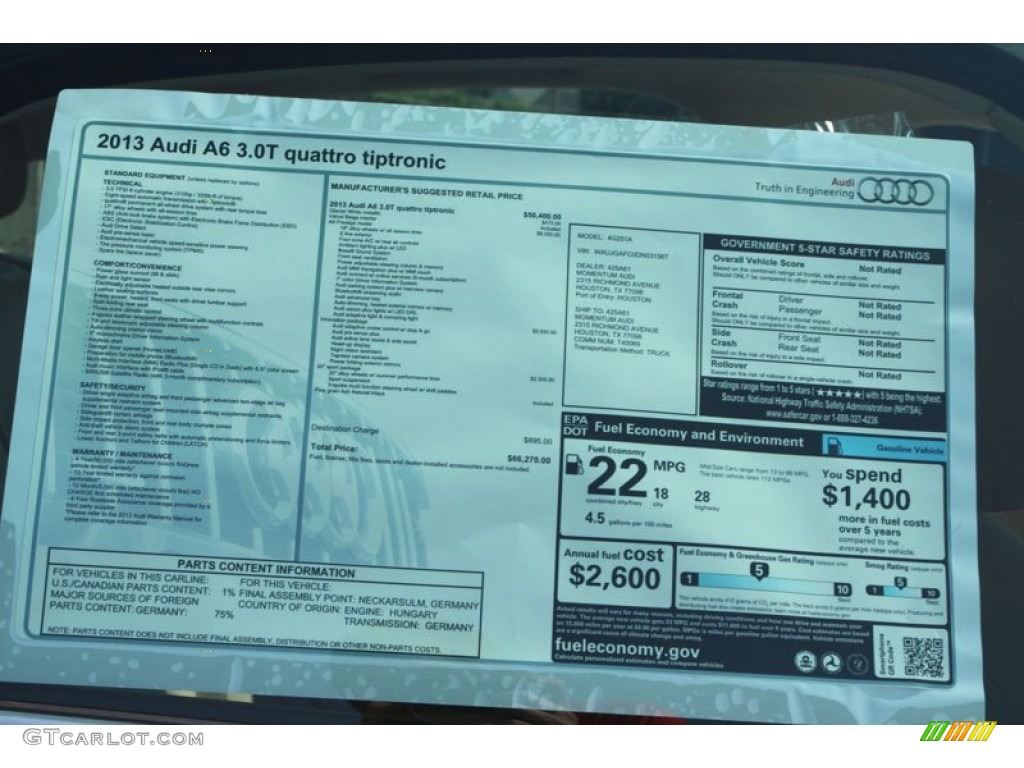 2013 Audi A6 3.0T quattro Sedan Window Sticker Photo #69630892