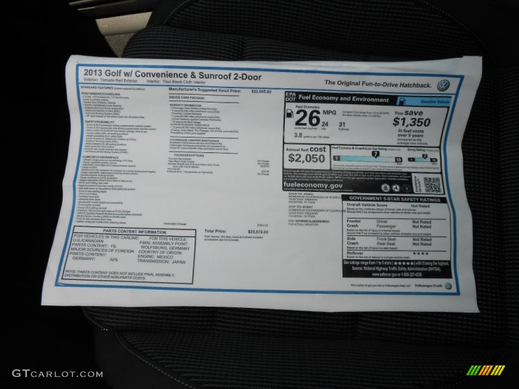 2013 Volkswagen Golf 2 Door Window Sticker Photo #69640909