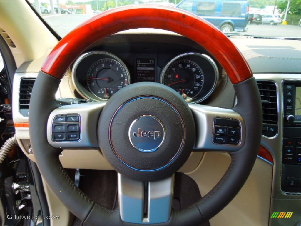 2013 Jeep Grand Cherokee Overland Dark Frost Beige/Light Frost Beige Steering Wheel Photo #69650995
