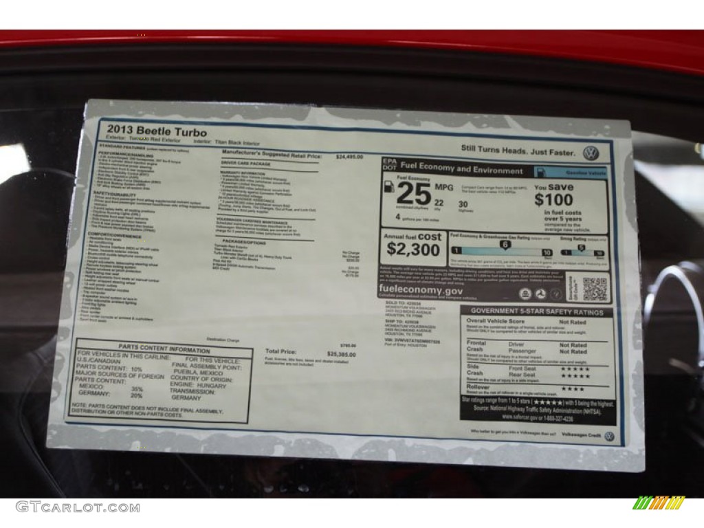 2013 Volkswagen Beetle Turbo Window Sticker Photo #69668279