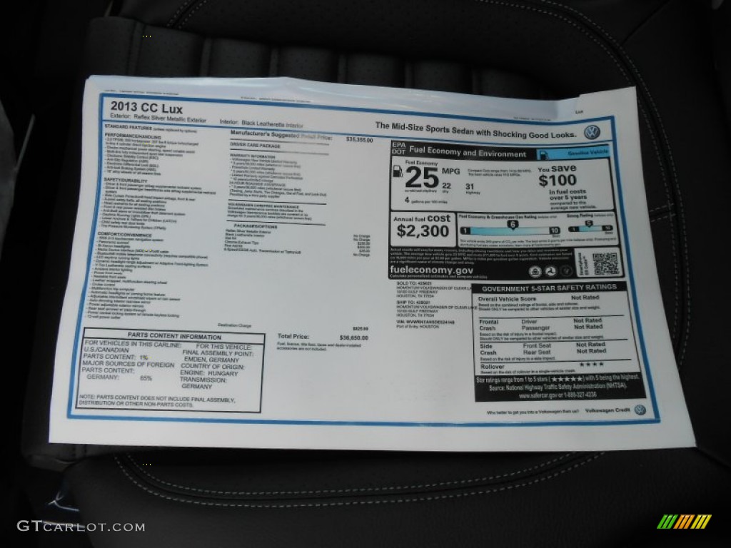 2013 Volkswagen CC Lux Window Sticker Photo #69680898