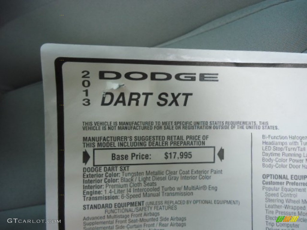 2013 Dart SXT - Tungsten Metallic / Black/Light Diesel Gray photo #35