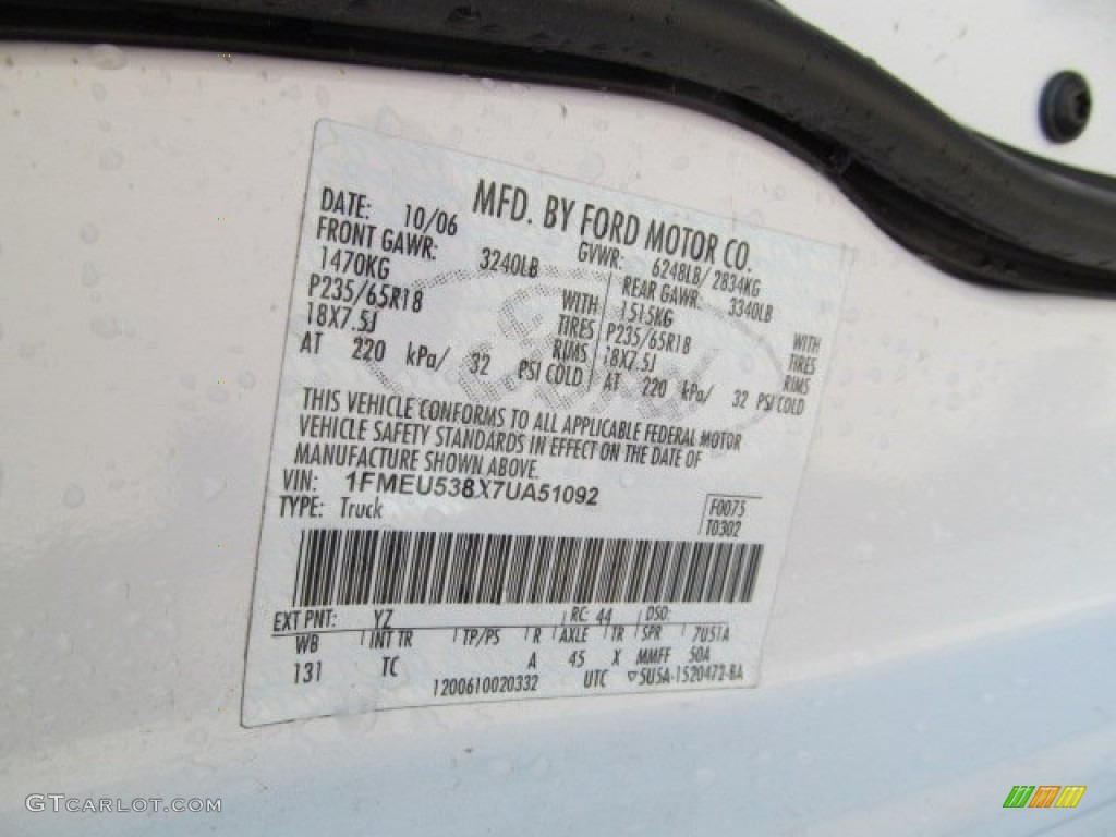 2007 Explorer Sport Trac Color Code YZ for Oxford White Photo #69701067