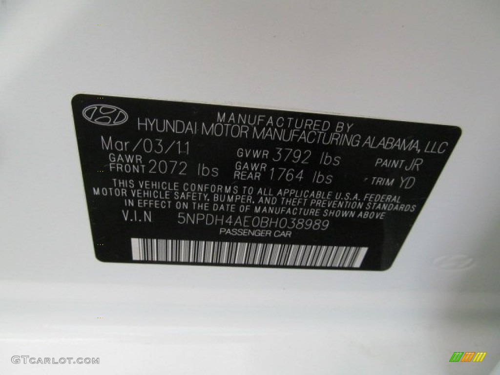 2011 Elantra Color Code JR for Pearl White Photo #69708564