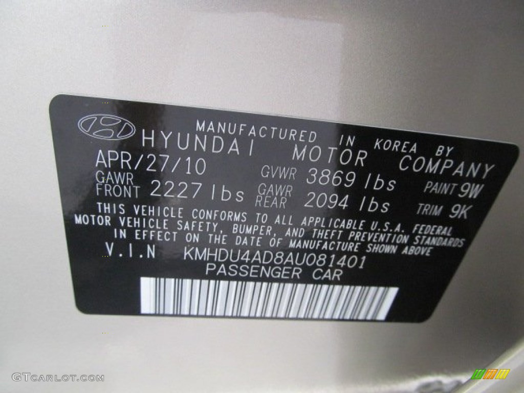 2010 Elantra Color Code 9W for Laguna Sand Photo #69708999