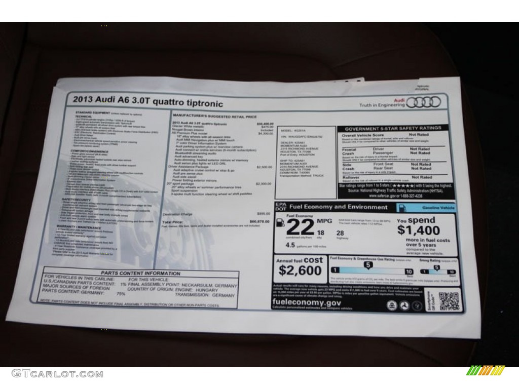 2013 Audi A6 3.0T quattro Sedan Window Sticker Photo #69749977
