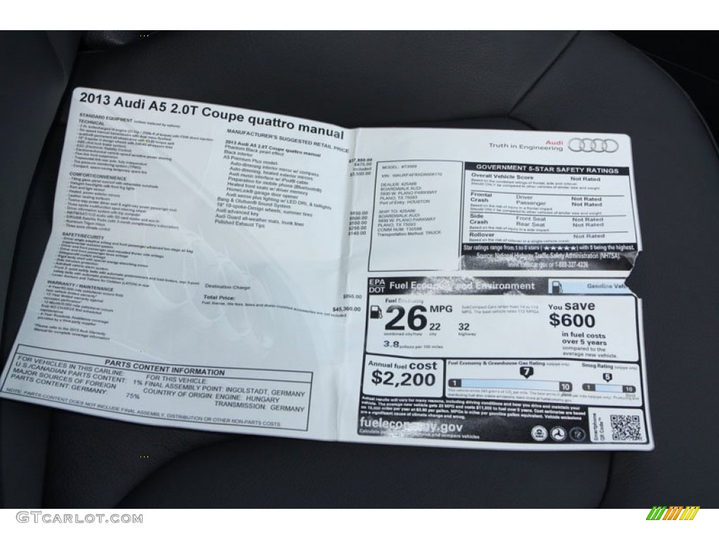 2013 Audi A5 2.0T quattro Coupe Window Sticker Photo #69750202
