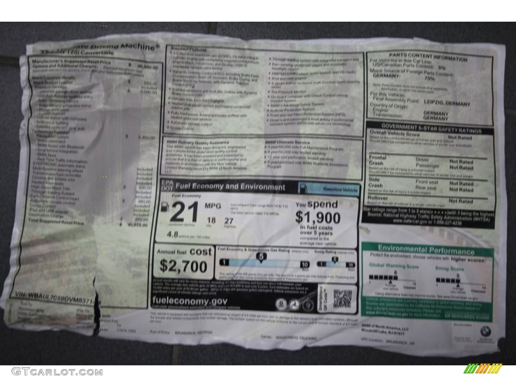 2013 BMW 1 Series 128i Convertible Window Sticker Photo #69753862