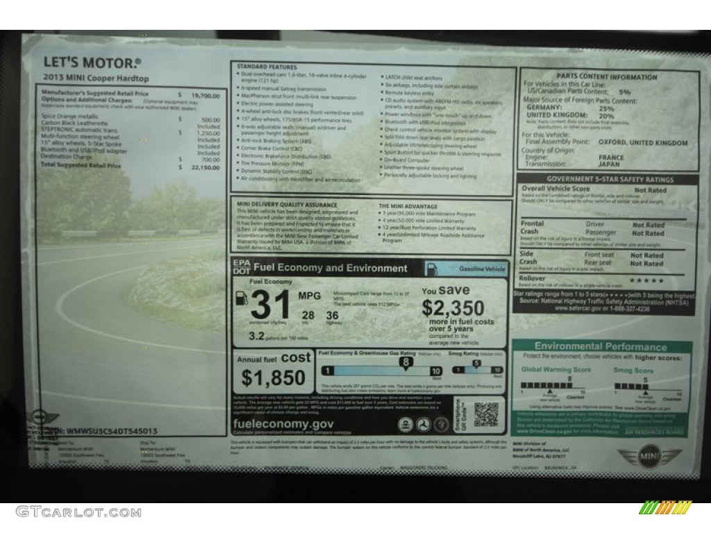 2013 Mini Cooper Hardtop Window Sticker Photo #69754471