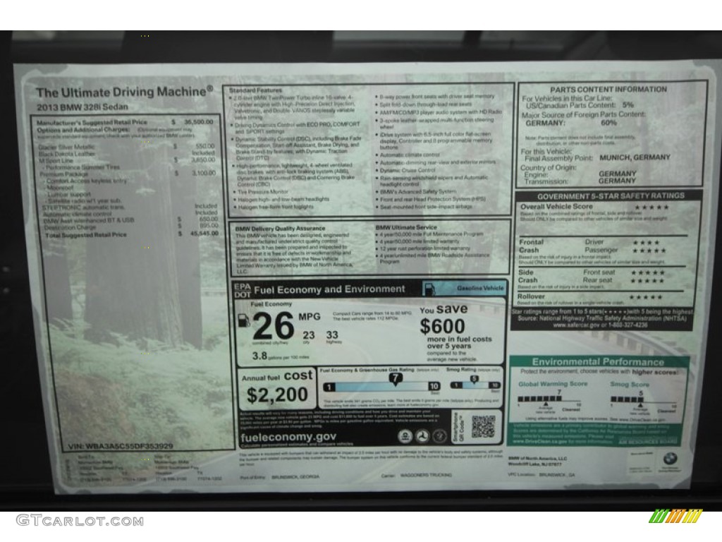 2013 BMW 3 Series 328i Sedan Window Sticker Photo #69755746
