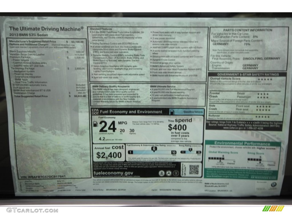 2013 BMW 5 Series 535i Sedan Window Sticker Photo #69756434