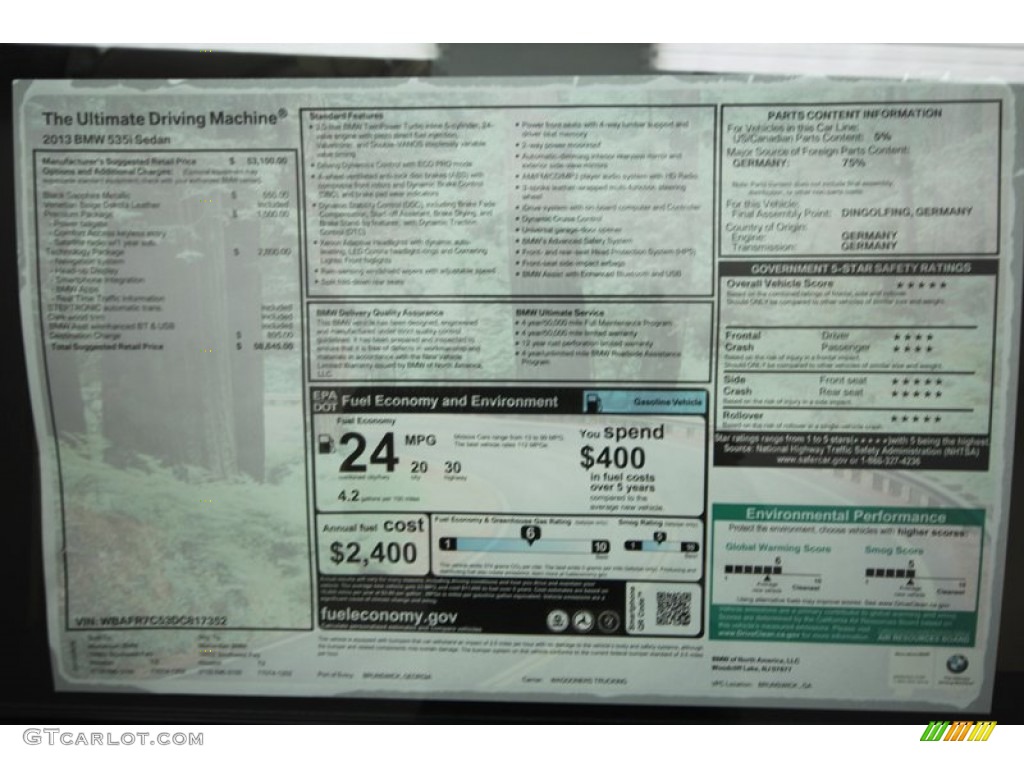 2013 BMW 5 Series 535i Sedan Window Sticker Photo #69757192