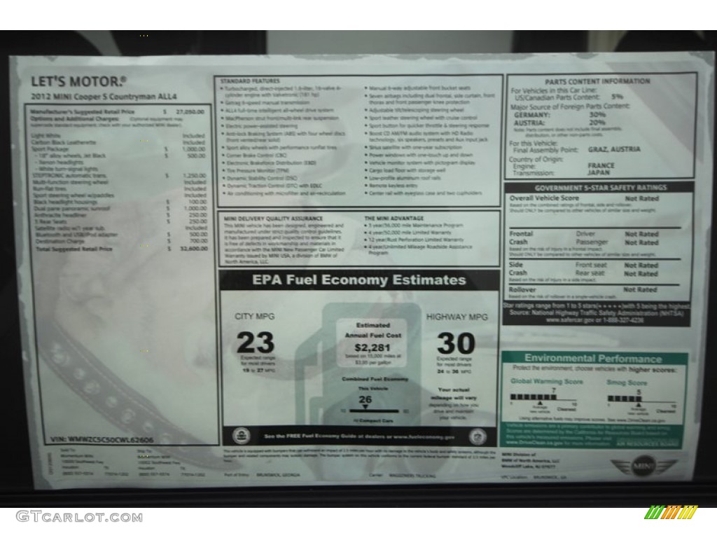 2012 Mini Cooper S Countryman All4 AWD Window Sticker Photo #69759616