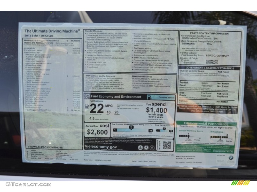 2013 BMW 1 Series 128i Coupe Window Sticker Photo #69773206