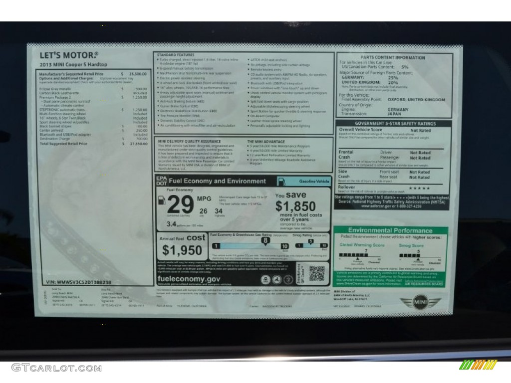 2013 Mini Cooper S Hardtop Window Sticker Photo #69773638