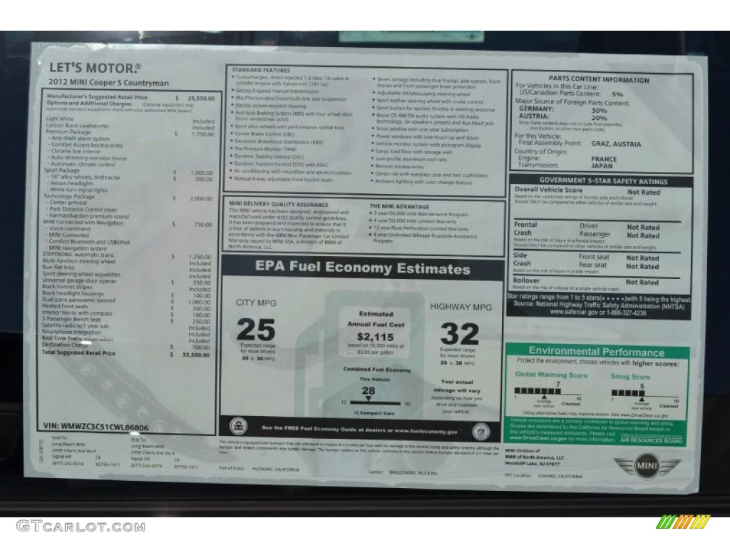 2012 Mini Cooper S Countryman Window Sticker Photo #69774868