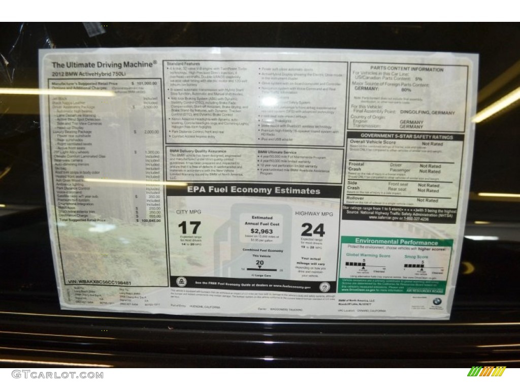 2012 BMW 7 Series ActiveHybrid 750Li Sedan Window Sticker Photos