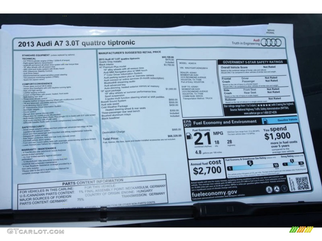 2013 Audi A7 3.0T quattro Premium Plus Window Sticker Photo #69805267