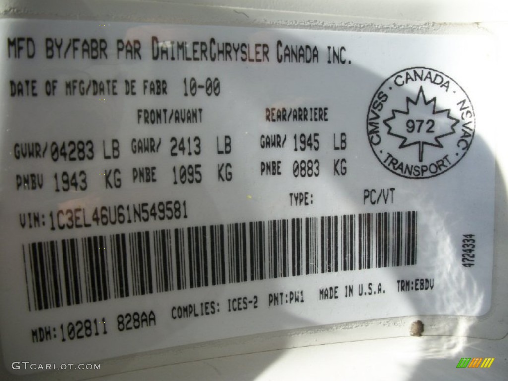 2001 Sebring Color Code PW1 for Stone White Photo #69809788