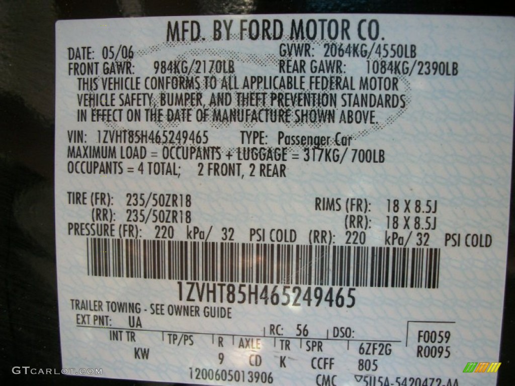 2006 Mustang Color Code UA for Black Photo #69810049